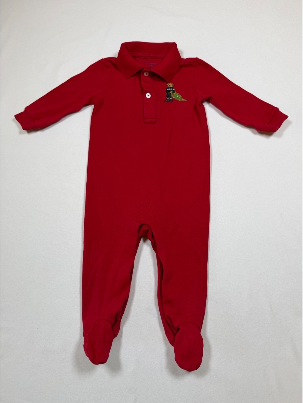Ralph Lauren Baby Red Footed One-Piece with Bear and Christmas Tree Embroidery